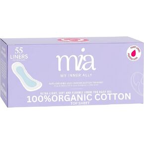 Mia Panty Liners for Women - 55 Count, 150mm Organic Cotton Top Sheet, Thin and Flexible Leak-Proof Liners, Chlorine-Free, Fragrance-Free, Travel-Friendly for Light Leaks and Everyday Freshness