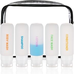 Travel Bottles for Toiletries 5 Pack 3oz Auto-Rebound Tsa Approved Travel Size Containers Squeezable Leak Proof Refillable Silicone Travel Accessories with Toiletry Bag (Transparent)