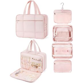 Telena Travel Toiletry Bag with Jewelry Organizer, Puffy Hanging Toiletry Bag for Women, Lightweight Makeup Bag Cosmetic Bag Organizer for Travel Essentials, Pink