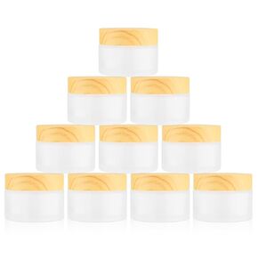1 Oz 10 Pack Frosted Glass Face Cream Jars,Empty Cream Jars Holder Case with Wood Grain Lid&Inner liner,Sample Cosmetic Container Vials Pot for Eyeshadow,Lotion,Foundation,Lip Balm