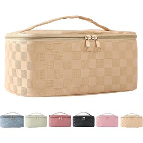 Gift for Women,Makeup Bag for Girl,Checkered Leather Trian Case Toiletry Bag,Portable Waterproof Makeup Organizer Case with Handle and Divider and Brush Pouch for Travel Essentials for Travel(Black)