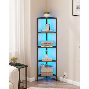 TUTOTAK Corner Shelf with LED Light, 6-Tier Corner Bookshelf for Small Space, Narrow Display Corner Shelf Stand with Storage Rack, for Living Room, Bedroom, Black BS05BK006L