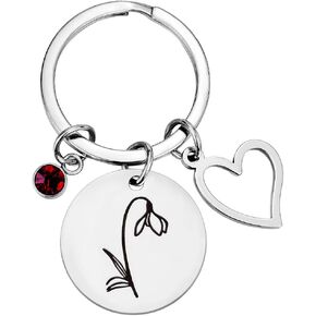 Birth Flower Dainty Hand Stamped Flower with Heart Charm & Birthday Stone keychain Birthday Gift Mother's Day Gift