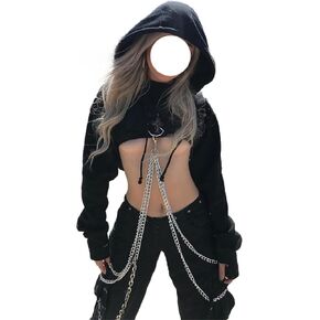 TSMNZMU Womens Gothic Crop Hoodie Punk Grunge Long Sleeve Sweatshirt Alt Mall Goth Tops Y2K Emo Shirt with Iron Chain