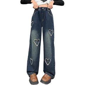 Girls' Casual Wide Leg Jeans Heart Print Elastic Waist Baggy Jeans Kids Cute Regular Fit Denim Pants with Pockets