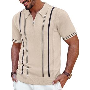 PJ PAUL JONES Men's Quarter Zipper Knit Polo Shirts Striped Vintage Short Sleeve Shirt