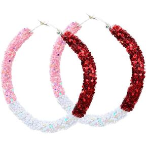 Valentine's Day Glitter Hoop Earrings for Women Red Pink Sparkle Sequins Hoop Earrings Round Circle Shiny Red Pink Hoop Earrings Valentine's Day Holiday Jewelry Gift in Kuwait