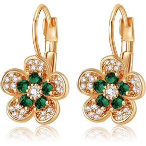 Austrian Crystal Flower Drop Leverback Earrings for Women 14K Gold Plated Hypoallergenic Jewelry