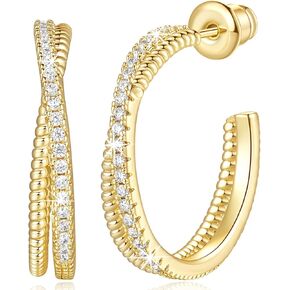 Gold Hoop Earrings 14K Gold Hoop Earrings for Women Cross Cubic Zirconia Design Comfortable Lightweight Gold Hoops Earrings Presents for Women 21mm