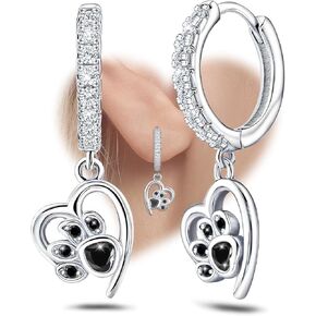 Black Heart Print Earrings for Women Sterling Silver Cute Pet Puppy Cat Dog Paw Print Hoop Earrings Hypoallergenic White Cubic Zirconia Loop Earrings Dainty Heart-Shaped Earring for Christmas Birthday