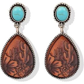 Western Outfit Earrings for Women Oval Turquoise Dangle Earrings Vintage Silver Drop Earrings Western Country Concert Outfits for Women Jewelry Gift