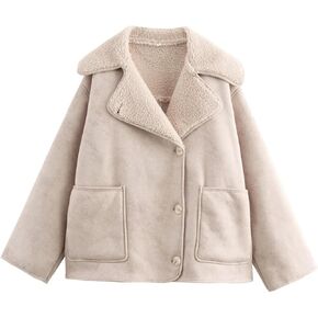Perbai Women's Lapel Fleece Lined Single Breasted Faux Suede Jacket Oversized Leather Trucker Coat