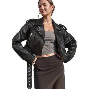 VANGULL Women's Belted Faux Leather Cropped Moto Jacket