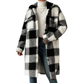 RED DOT BOUTIQUE 694 - Open Front Plaid Print Flap Pocket Long Sleeve Teddy Fuzzy Winter Termal Coat Jacket