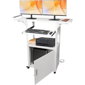 Large Steel AV Cart with Wheels and Drop Leaves, Height Adjustable AV Cart with Locking Cabinet and Power Strips, Rolling Computer Cart with Pullout Keyboard Tray for Office, Classroom &Nursing Center