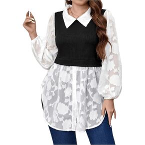 Women's Plus Size 2 in 1 Shirt Colorblock Button Down Long Sleeve Blouse Top