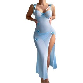 Sexy Butterfly Split Leg Underwire Sheer Mesh Maxi Lingerie Dress with Thong 2 Piece