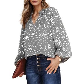 Womens Shirts Dressy Casual Alicia Floral Print V-Neck Blouse Smocked Long Sleeve Tunic Tops