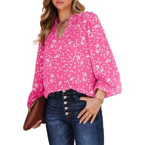 Womens Shirts Dressy Casual Alicia Floral Print V-Neck Blouse Smocked Long Sleeve Tunic Tops