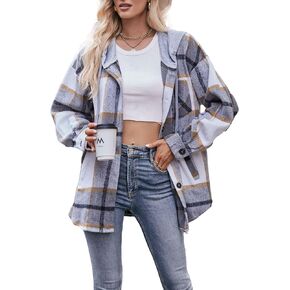 Wanzetaly Womens Hooded Shacket Jacket Color Block Casual Flannel Plaid Wool Blend Button Down Shirt with Pockets