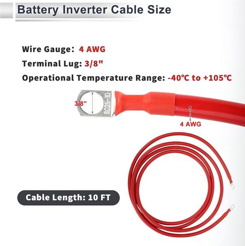 1 Pc Universal Battery Inverter Cable 3/8" Lug 1.5FT Battery Cable 4 AWG Gauge Black Tinned Copper in Kuwait