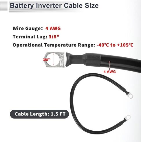 1 Pc Universal Battery Inverter Cable 3/8" Lug 1.5FT Battery Cable 4 AWG Gauge Black Tinned Copper in Kuwait
