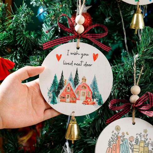 Friendship Ornament for Christmas, Wooden I Wish You Lived Next Door Ornament, Best Friend Ornament with Bell Black Red Buffalo Check Bow, Christmas Friendship Gift for Neighbor Sister Women in Saudi Arabia