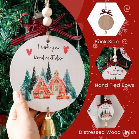 Friendship Ornament for Christmas, Wooden I Wish You Lived Next Door Ornament, Best Friend Ornament with Bell Black Red Buffalo Check Bow, Christmas Friendship Gift for Neighbor Sister Women in Saudi Arabia