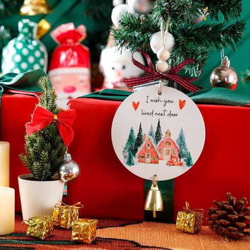 Friendship Ornament for Christmas, Wooden I Wish You Lived Next Door Ornament, Best Friend Ornament with Bell Black Red Buffalo Check Bow, Christmas Friendship Gift for Neighbor Sister Women in Saudi Arabia
