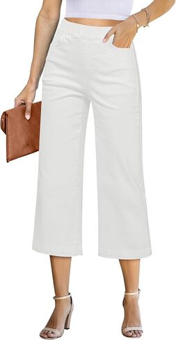 GRAPENT Capri Jeans for Women Wide Leg High Waisted Pull On Trendy Stretchy Denim Elastic Waist Jean Pants with Pockets in Kuwait