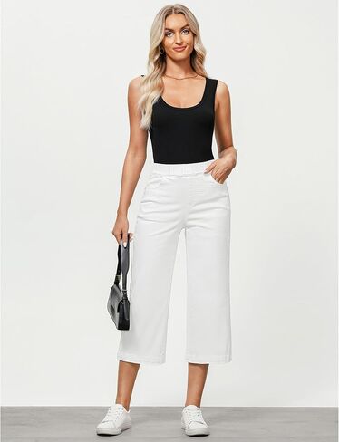 GRAPENT Capri Jeans for Women Wide Leg High Waisted Pull On Trendy Stretchy Denim Elastic Waist Jean Pants with Pockets in Kuwait