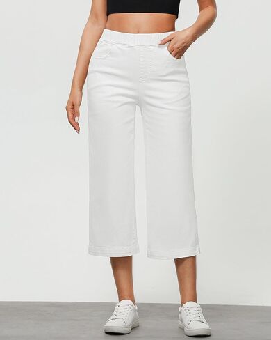 GRAPENT Capri Jeans for Women Wide Leg High Waisted Pull On Trendy Stretchy Denim Elastic Waist Jean Pants with Pockets in Kuwait