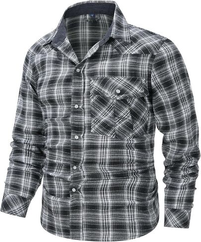 Flygo Men's Flannel Shirts Pearl Snap Long Sleeve Checkered Western Cowboy Brushed Plaid Regular Fit Shirt in Saudi Arabia