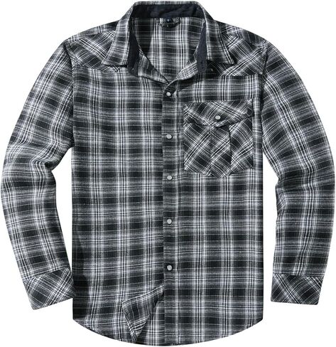 Flygo Men's Flannel Shirts Pearl Snap Long Sleeve Checkered Western Cowboy Brushed Plaid Regular Fit Shirt in Saudi Arabia