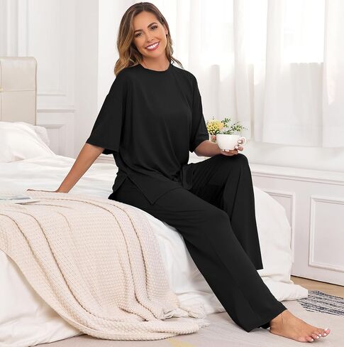 PrinStory Womens Pajamas Sets 2 Piece Lounge Set Short Sleeve Tops and Long Pants Soft Pjs Loungewear with Pockets in Kuwait