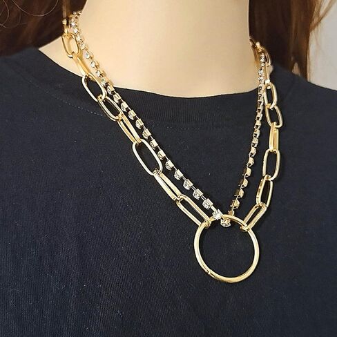 فاسق الطبقات دائرة كريستال المختنق قلادة الذهب حجر الراين سلسلة قلادة دائرة كبيرة قلادة قلادة مكتنزة مشبك ورق سلسلة قلادة روك بيان قلادة مجوهرات للنساء in Kuwait