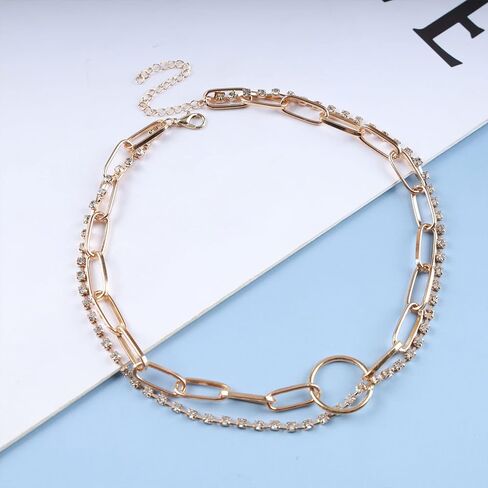 فاسق الطبقات دائرة كريستال المختنق قلادة الذهب حجر الراين سلسلة قلادة دائرة كبيرة قلادة قلادة مكتنزة مشبك ورق سلسلة قلادة روك بيان قلادة مجوهرات للنساء in Kuwait