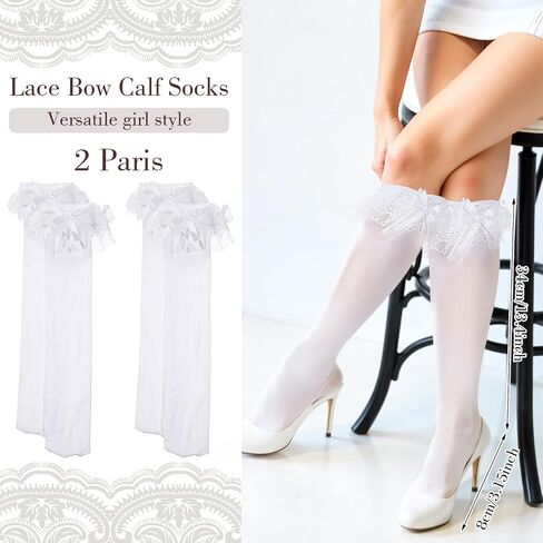 4Pcs White Knee High Socks for Girls, Long Frilly Knee High Socks with Bow, Cute Ruffle Thigh High Socks Lace Trim Stockings, Soft White Calf Socks for Women Spicy Girls Lolita Dress in Saudi Arabia