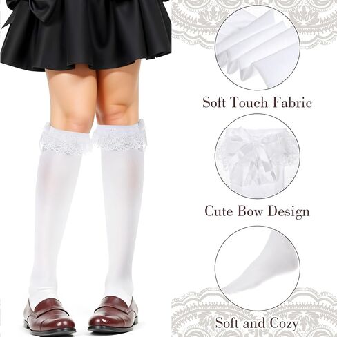 4Pcs White Knee High Socks for Girls, Long Frilly Knee High Socks with Bow, Cute Ruffle Thigh High Socks Lace Trim Stockings, Soft White Calf Socks for Women Spicy Girls Lolita Dress in Saudi Arabia
