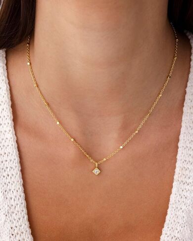 PAVOI 14K Gold Plated Dainty Tube Ball Square Beaded Chain Bezel Set Solitaire Pendant Necklace for Women | Round Princess Marquise Cubic Zirconia Statement Necklace in Saudi Arabia