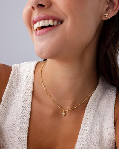 PAVOI 14K Gold Plated Dainty Tube Ball Square Beaded Chain Bezel Set Solitaire Pendant Necklace for Women | Round Princess Marquise Cubic Zirconia Statement Necklace in Saudi Arabia