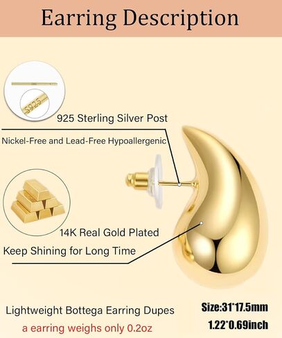 Teardrop Earrings Jewelry Dupes for Women Trendy,Lightweight Chunky 14K Real Gold Hoop Designer Earrings Set with Hypoallergenic 925 Sterling Silver Post in Kuwait