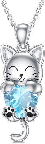 LONAGO Cat Necklace with Heart Birthstone Cat Pendant Necklace Sterling Silver Gifts for Women in Kuwait