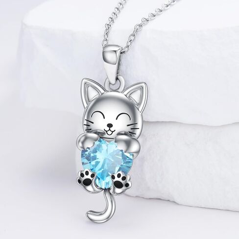 LONAGO Cat Necklace with Heart Birthstone Cat Pendant Necklace Sterling Silver Gifts for Women in Kuwait