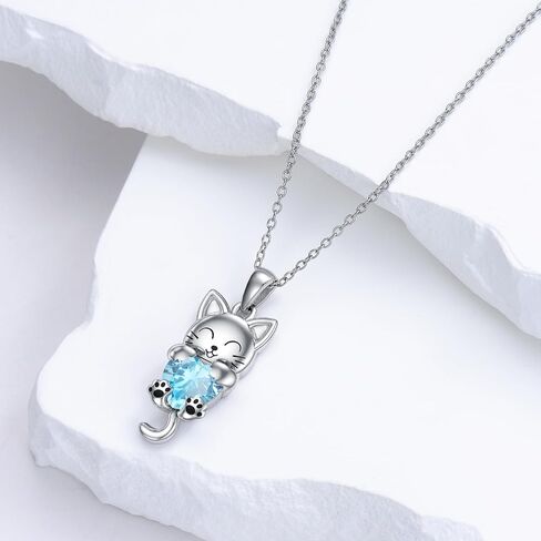 LONAGO Cat Necklace with Heart Birthstone Cat Pendant Necklace Sterling Silver Gifts for Women in Kuwait