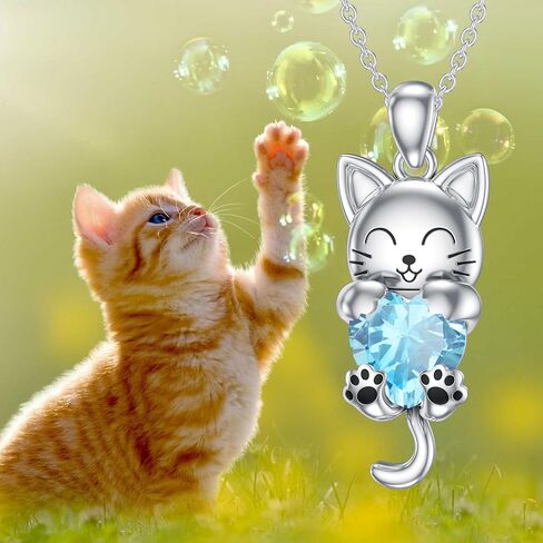 LONAGO Cat Necklace with Heart Birthstone Cat Pendant Necklace Sterling Silver Gifts for Women in Kuwait