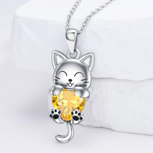 LONAGO Cat Necklace with Heart Birthstone Cat Pendant Necklace Sterling Silver Gifts for Women in Kuwait