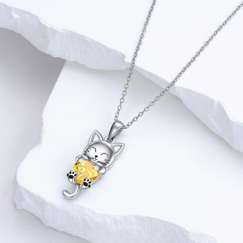 LONAGO Cat Necklace with Heart Birthstone Cat Pendant Necklace Sterling Silver Gifts for Women in Kuwait