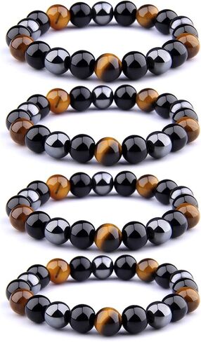 سوار FORUBUS للحماية الثلاثية، سوار مطرز بالحجر الطبيعي من حجر الهيماتيت عين النمر، سوار قابل للتمدد كتميمة تجلب الحظ والثروة in Kuwait