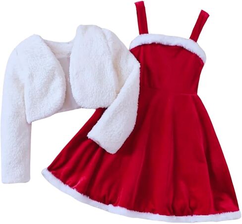2 Piece Girls' Red Velvet Christmas Dress and Coat Set with White Fur Trim in Saudi Arabia
